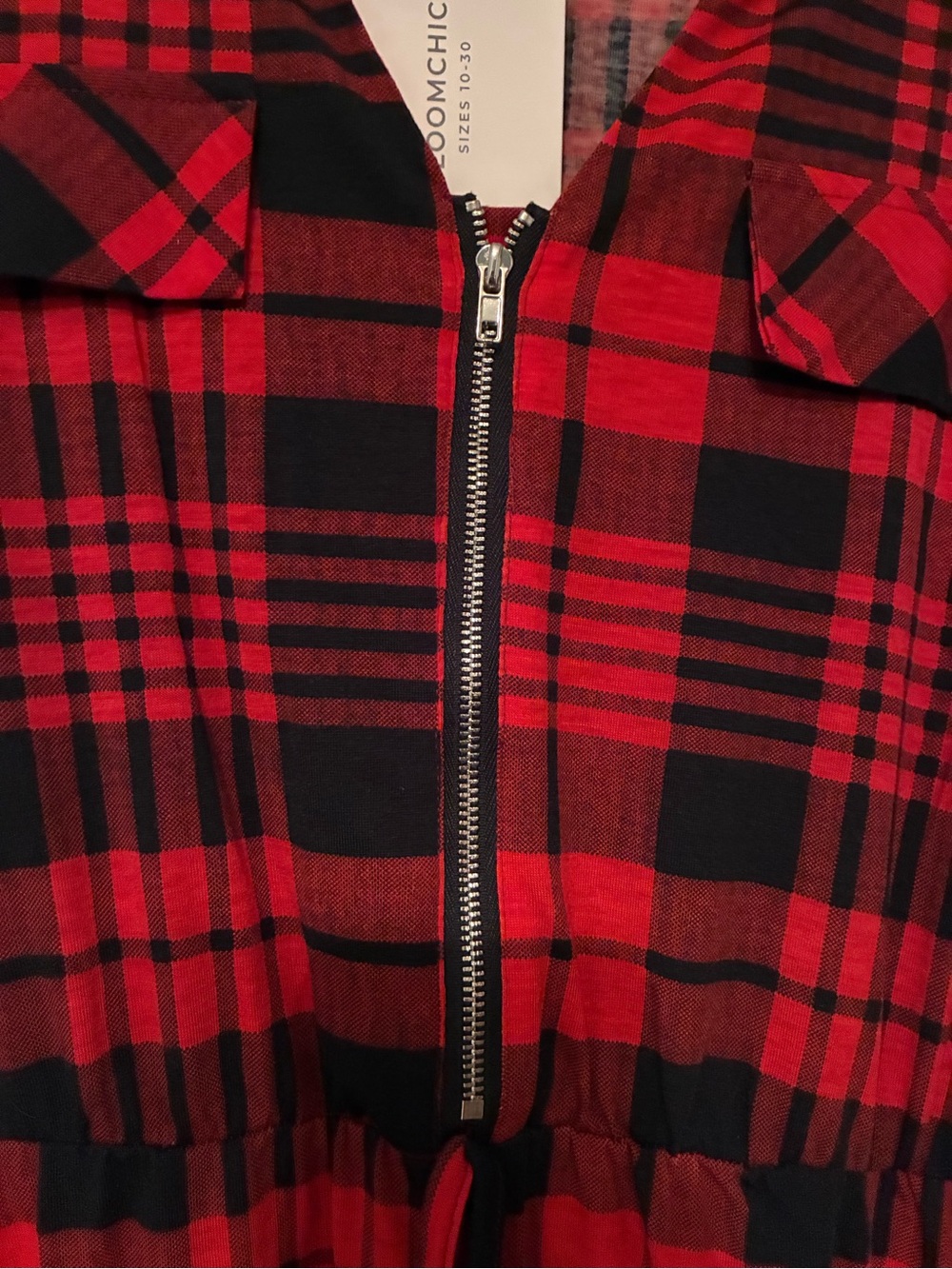 BloomChic Red and Black Plaid Midi Dress with Front Zip - Picture 3 of 6
